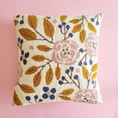 Latch Hook kits Pillow Plant Flower Leaves Printed Canvas Cushion Crochet Yarn Needlework Hook Latch DIY Kit Embroidery Pillowcase Rug Cover Home Sofa Christmas Decoration 43x43cm