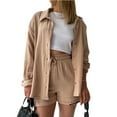 thumbnail image 2 of Women's 2-Piece Outfit Set Lounge Tracksuit Long Sleeve Button Shirts and Shorts, 2 of 5