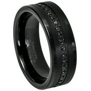 Black Tungsten Wedding Ring - Band for Mens 8mm Tungsten Eternity Ring Black CZ Accented - Comfort Fit Pipe Cut Tungsten Carbide Ring TN775s7