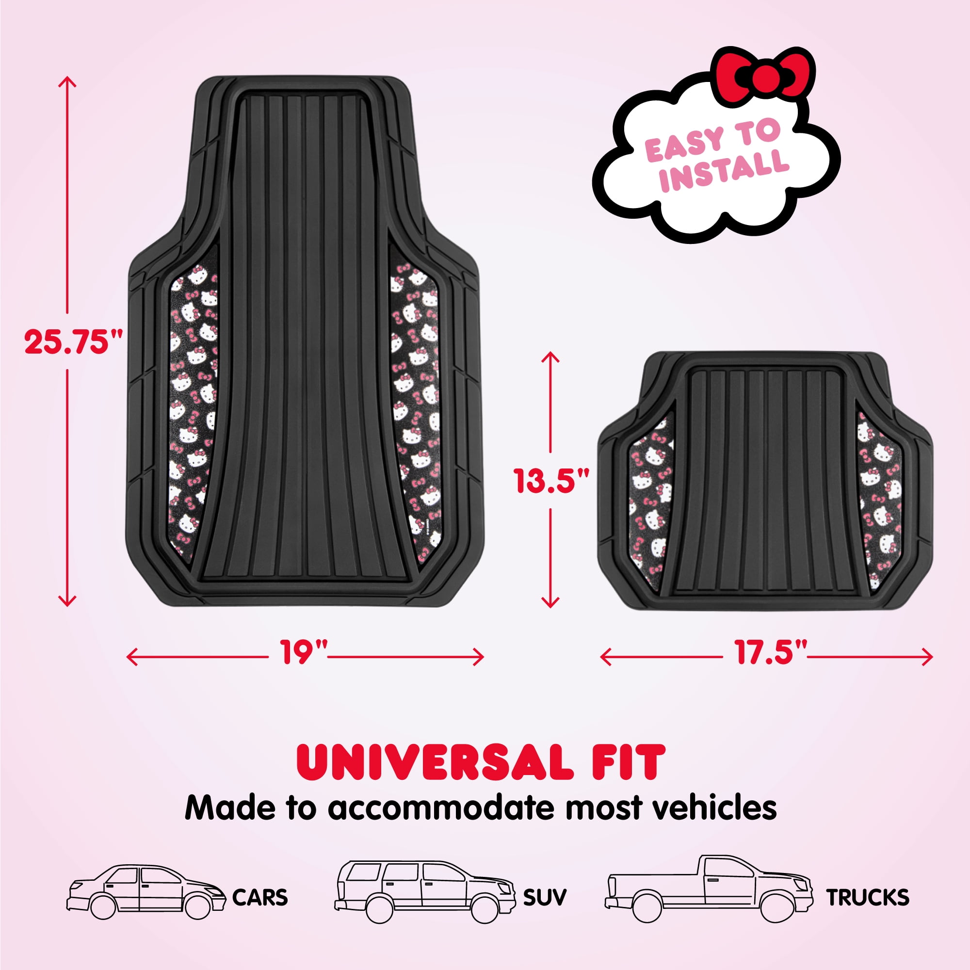 Hello Kitty Cute Rubber Car Floor Mats, Heavy Duty Non-Slip 4-Piece Set, Cute Universal Auto Accessory, for Car Truck SUV Van, Black