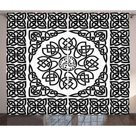 - Celtic Curtains 2 Panels Set, Filigree Style Endless Celtic Knot Pattern with Abstract Style Floral Petals, Window Drapes for Living Room Bedroom, 108W X 84L Inches, Black and White, by Ambesonne