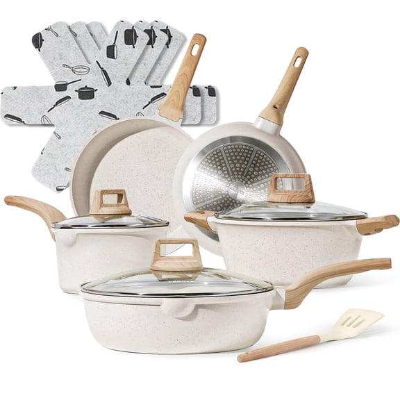 CAROTE 12 Pcs Pots and Pans Set Nonstick Cookware Sets Induction Cookware, White Granite Non Stick Cooking Set w/Frying Pans & Saucepan