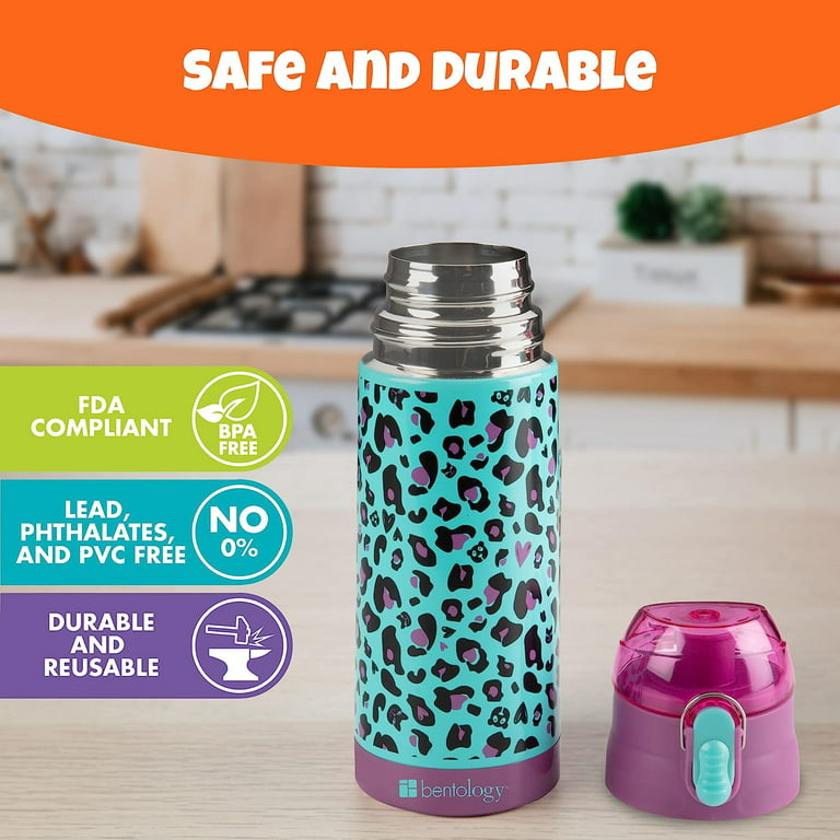 Double Wall Insulated 13oz Reusable Water Bottle for Kids - Cheetah - Spill  Proof Lid, Stainless Steel - Keep Liquids Hot/Cold For Hours - Use in Lunch  Boxes, Backpack School Bags or