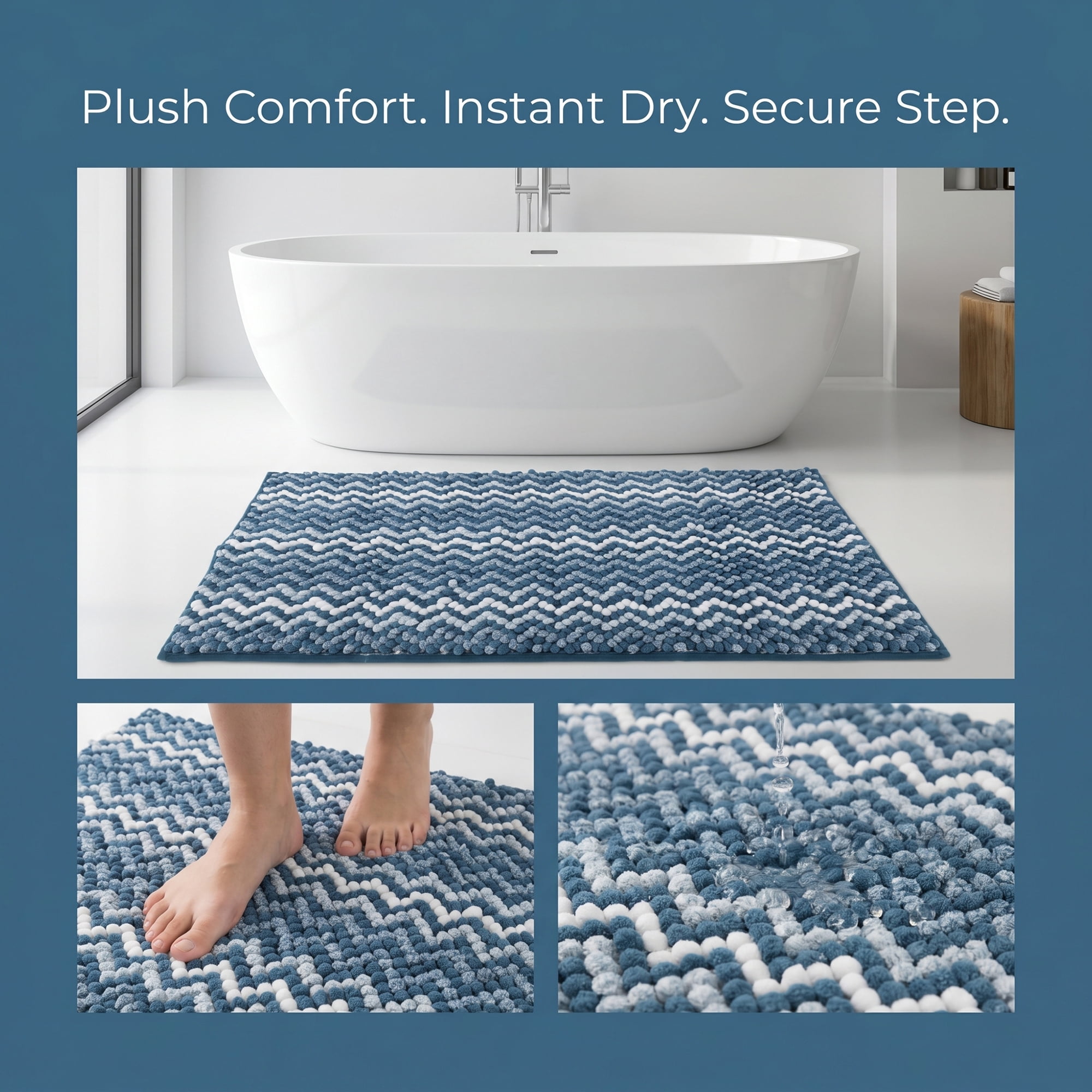 Unique Bargains Ultra Soft Non Slip Machine Washable Chenille Bath Mat Dark Blue 24" x 16"
