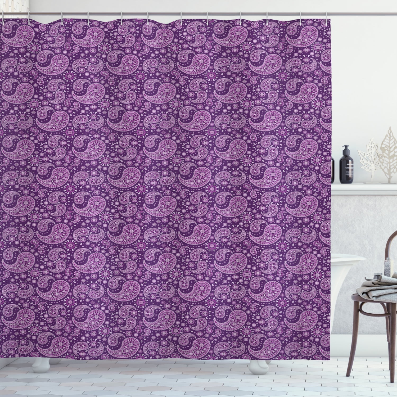 Purple Paisley Shower Curtain, Monochrome Design Graphic with Floral