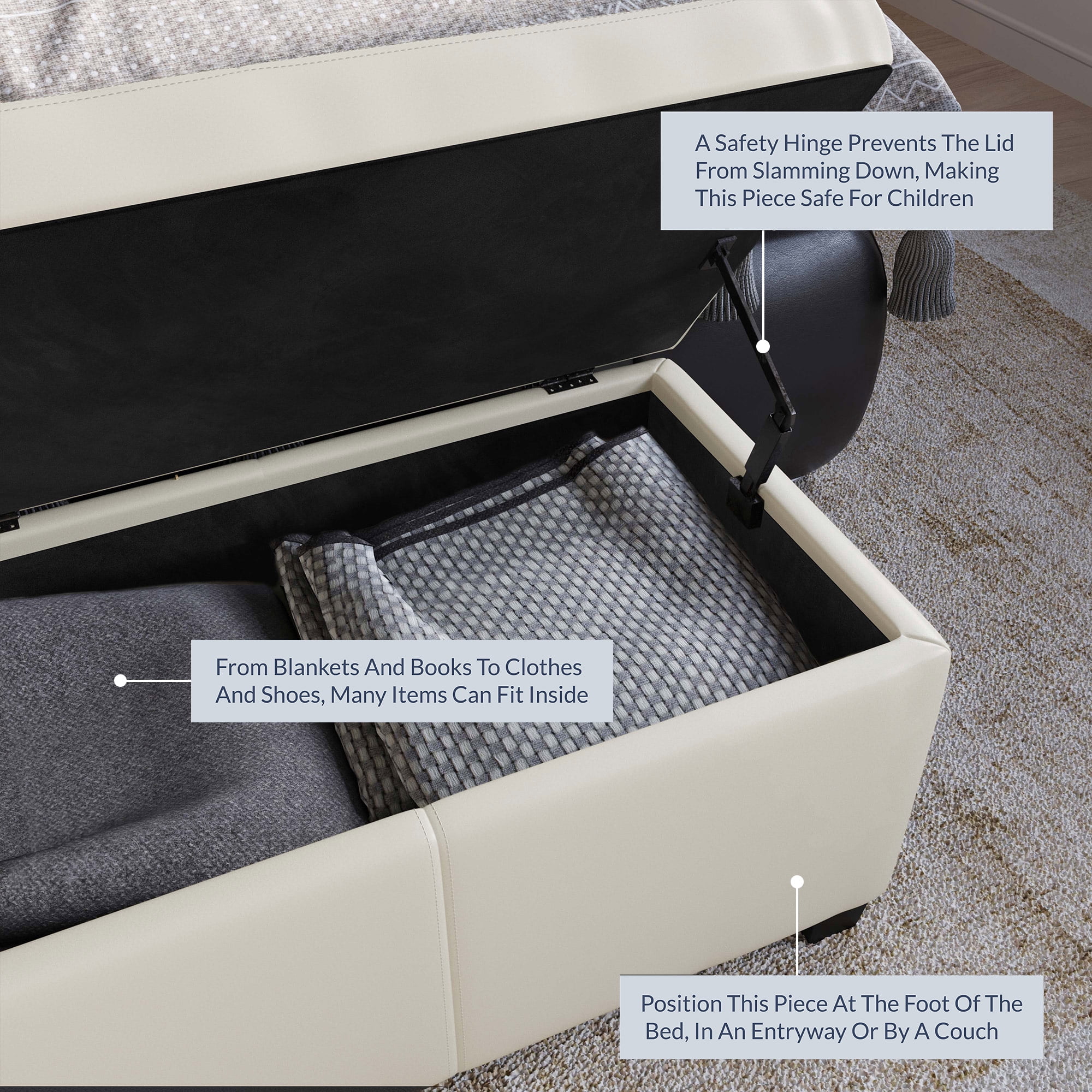 BELLEZE Storage Ottoman Bench Footstool - Amherst (Cream)