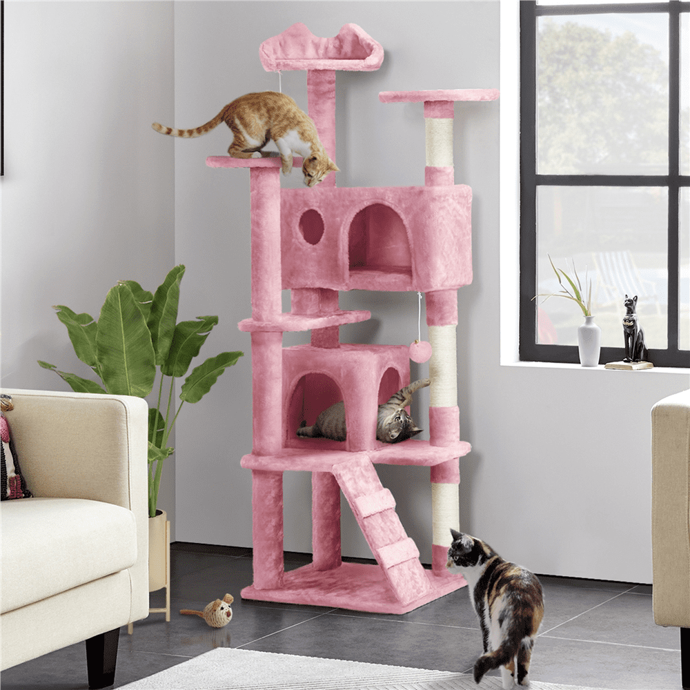 Alden Design 62''H Double Condo Cat Tree with Scratching Post Tower, Pink