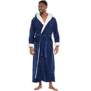 Alexander Del Rossa Men's Robe, Big and Tall Plush Fleece Hooded Bathrobe with Two Large Front Pockets and Tie Closure, Navy Blue with Sherpa, 5X-6X