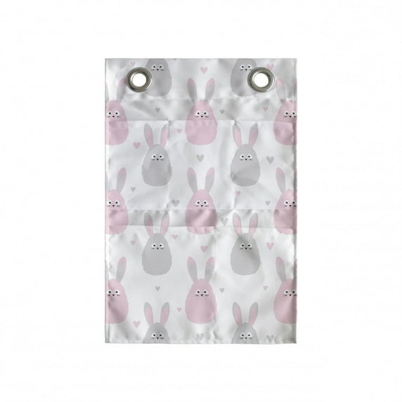 Bunny Hanging Pocket Organizer, Bicolour Pattern of Cartoon Fluffy Rabbits and Minimal Hearts, Printed Polyester Storage Bag with Pockets, 14" x 20", Pale Pink Pale Grey