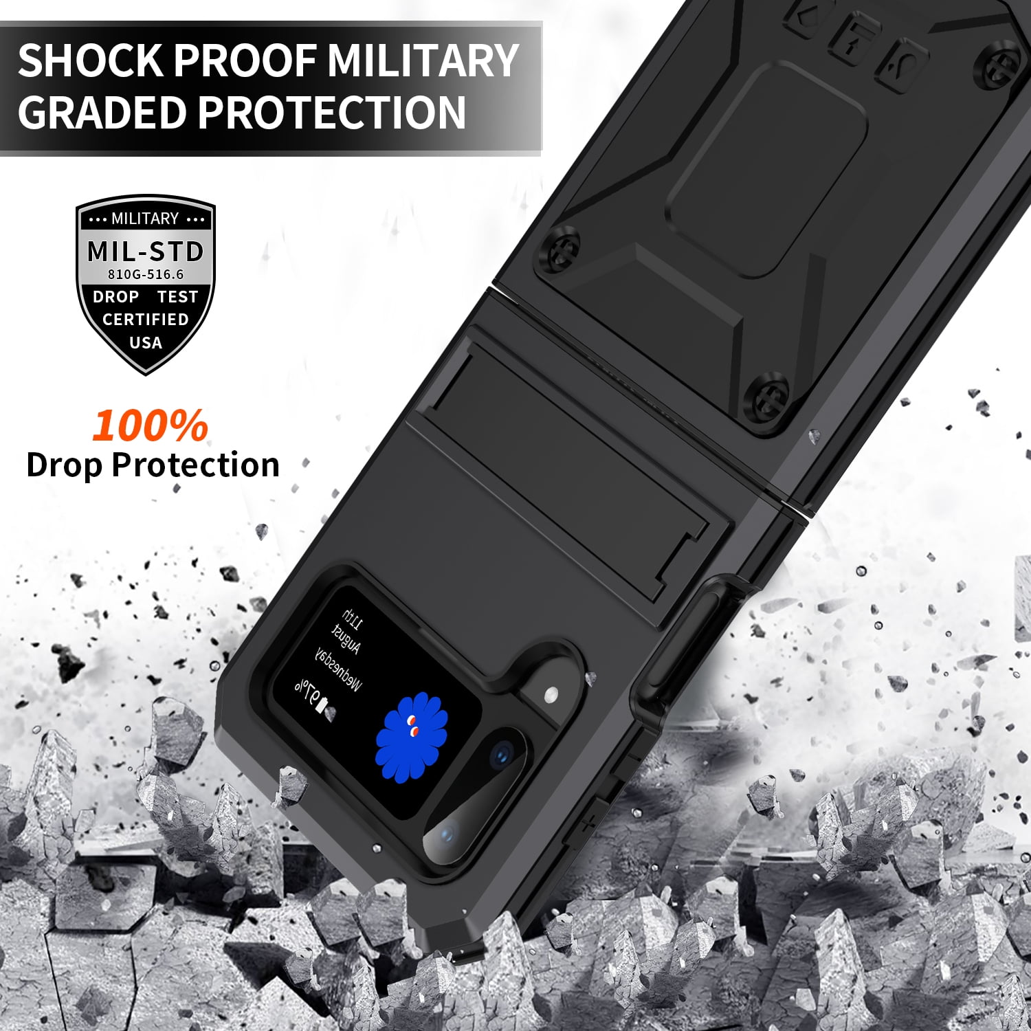 ELEHOLD for Samsung Galaxy Z Flip 4/3 6.7" Case, Heavy Duty Armor Built-in Explosion-Proof Tempered Glass Screen Protector Wireless Charging Hang Rope Hidden Kickstand Shockproof Rugged Case,Black