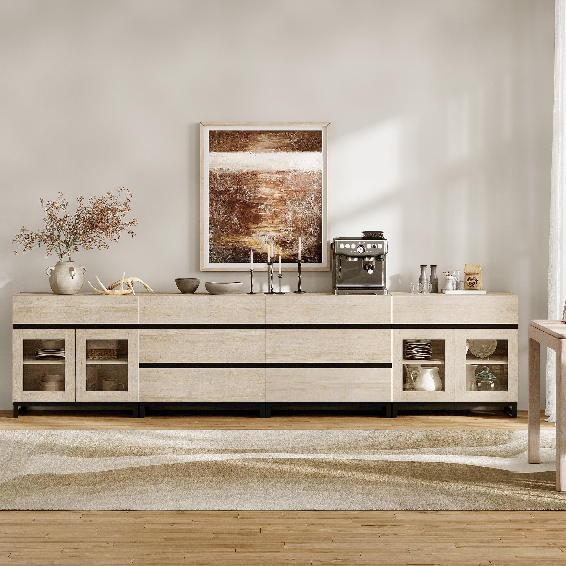 4-In-1 Storage Sideboard with Glass Doors, 8 Drawers and Adjustable Shelf, Sturdy Metal Base Buffet Cabinet for Kitchen Living Room,Beige