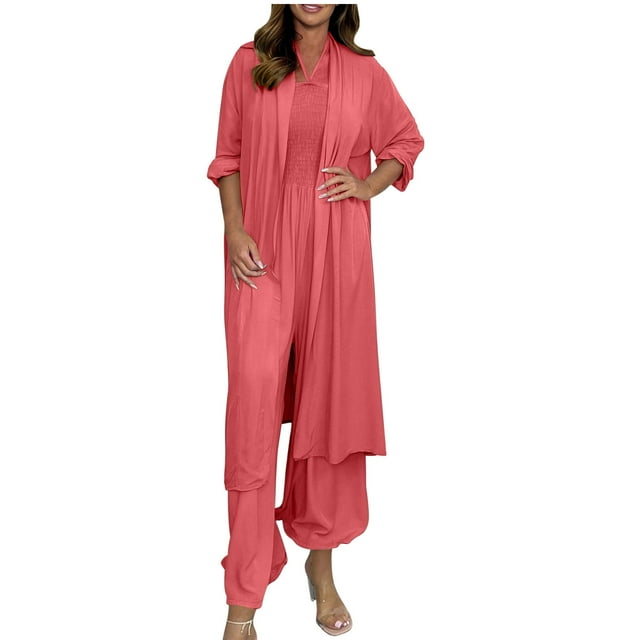 Timegard Vacation Outfits for Women 2 Piece Lightweight Open Front Long Top Wide Leg Rompers Sets
