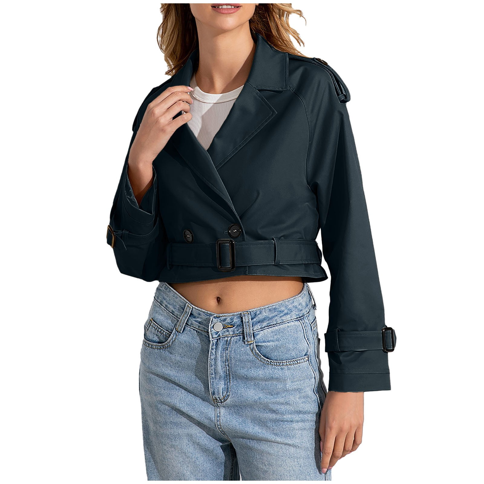 Bmisegm Women with Belt Long Sleeve Short Casual Trench Jacket