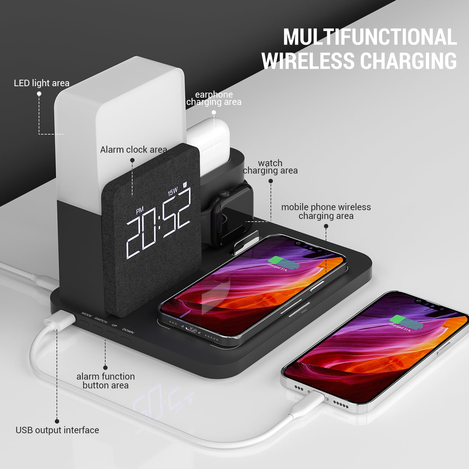 15W 3-in1 Wireless Charger Compatible iPhone 16/15/14/13/15, Apple Watch, AirPods – Fast Charging Dock w/Alarm Clock & Night Light Black + 18W Adapter