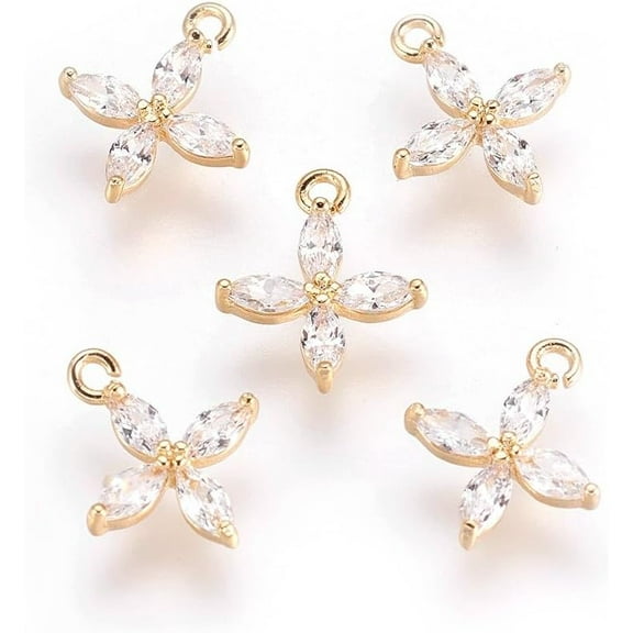 5Pcs Flower Pendants Real 18K Gold Plated Brass Cubic Zirconia Charms for Women Birthday Festival Elegant Gifts Personalized Jewelry 12x9.5x2mm Hole: 1mm