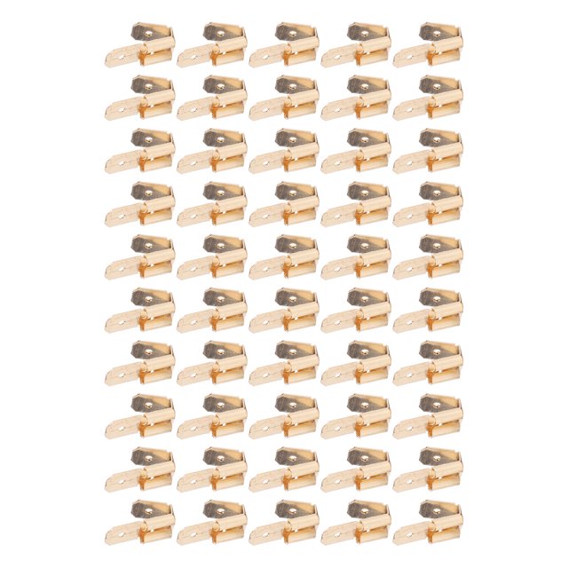 50Pcs Brass 6.35mm Double Headed Plug Spade Connectors, Quick Crimp Male and Female Connector Kit for Automotive, Marine, Sound, Industrial Applications