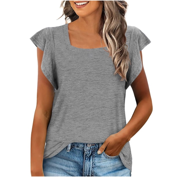 Tops de cuello cuadrado para mujer, camiseta de manga corta con volantes, blusas tipo túnica de verano holgadas OAVQHLG3B Store lin121212