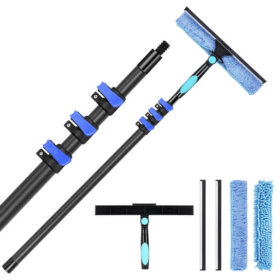 12-Foot Carbon Fiber Window Cleaner Tool with Telescopic Extension Pole, Rotating Scrubber & Squeegee - Durable Lightweight Design for Indoor/Outdoor Glass Cleaning