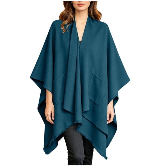 Cape Shawl for Women Elegant Solid Open Front Wrap Simple Double Sided Poncho Cover Up Dressy Party Travel Office Leisure Layering Cloak with Split Hem