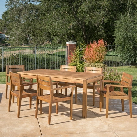 Caroline Outdoor 7-Piece Acacia Wood Dining Set with Expandable Dining Table, Teak Finish
