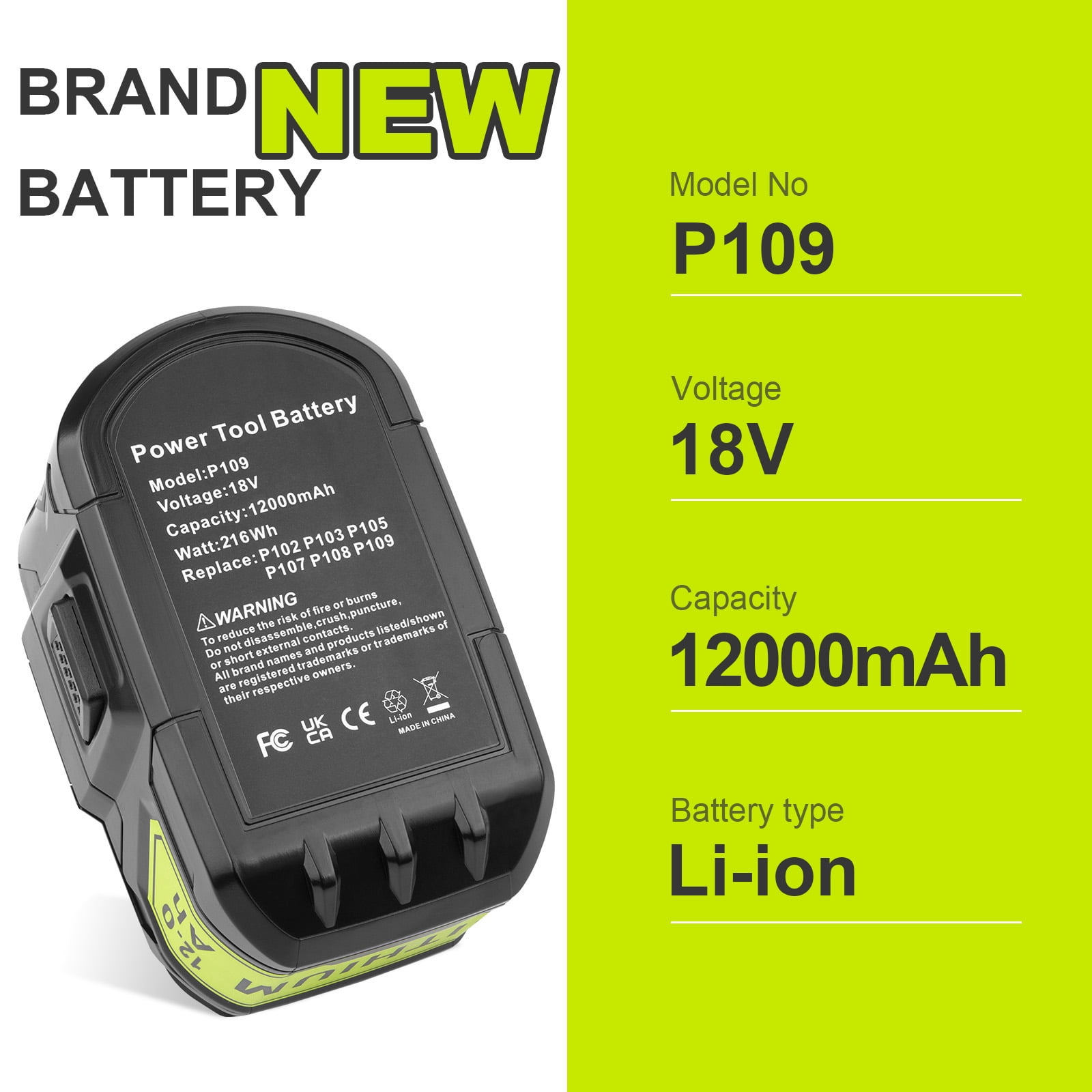 Labtec 18V 12 Ah High Capacity Lithium-Ion Battery Replacement for Ryobi BPL-1815