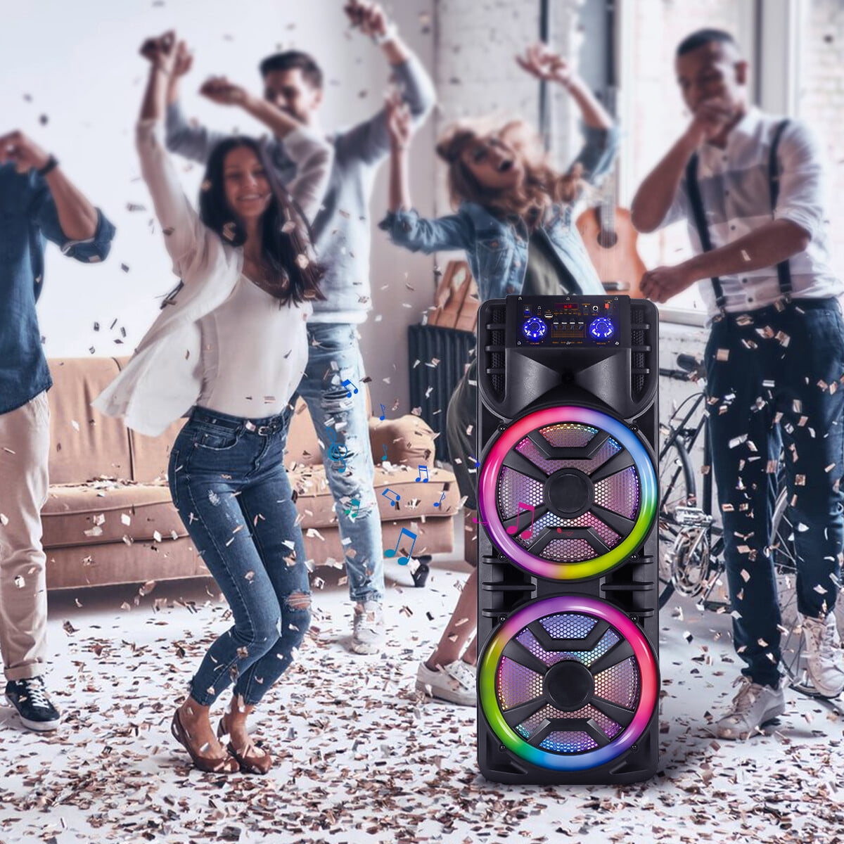Lohoms Dual Pulse Lighting Bluetooth Portable Speaker with Wireless Microphone, Black