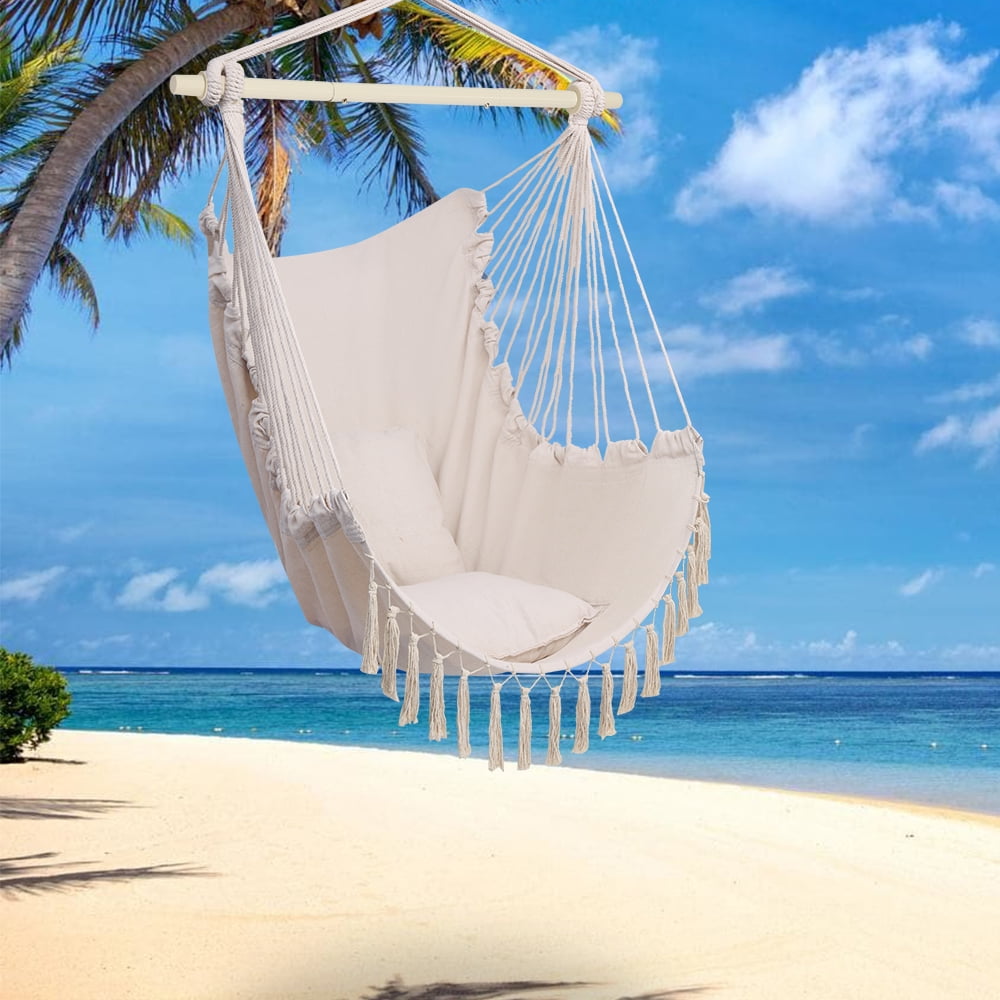 BAYUELSWU Hammock Chair with 2 Cushions, Hanging Rope Rope Swing with Tassel for Indoor/Outdoor, Garden Yard, Backyard, Living Room (Beige)