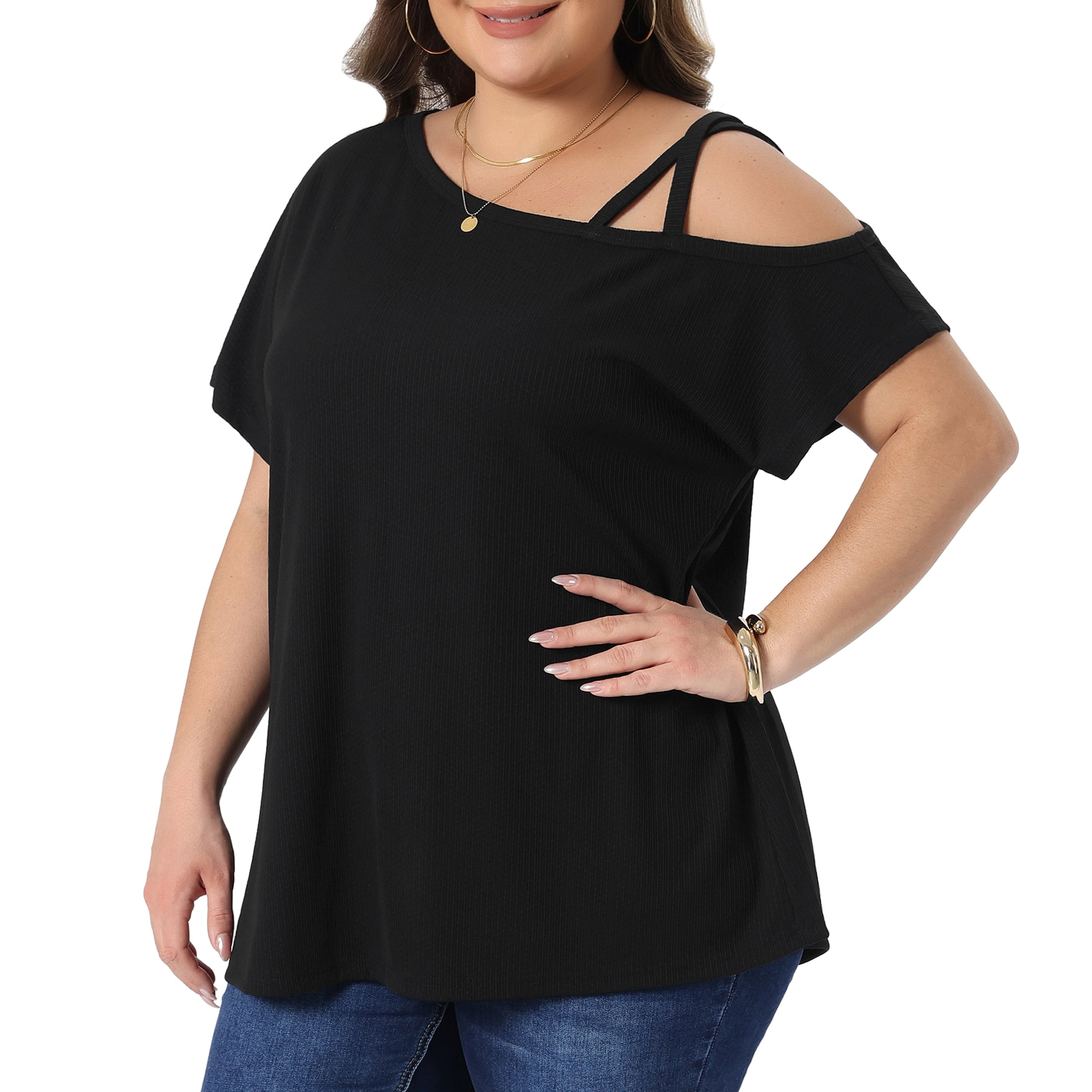 DARING DIVA Women's Plus Criss Cross Off One Shoulder T-Shirts 3X Black