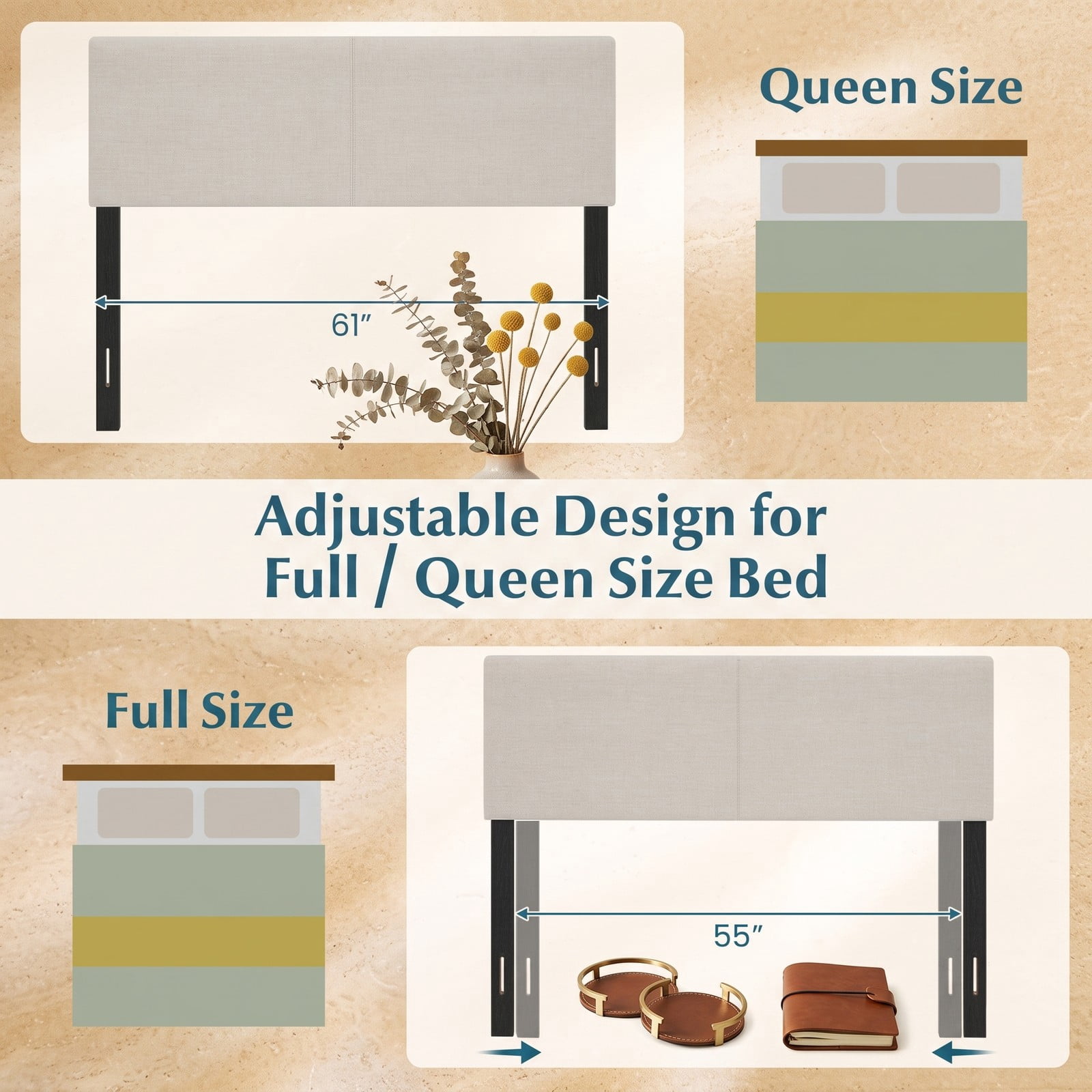 Furnibear Upholstered Headboard for Queen and Full Size Beds, Faux Linen Fabric Panel with Adjustable Mounting Legs, Beige