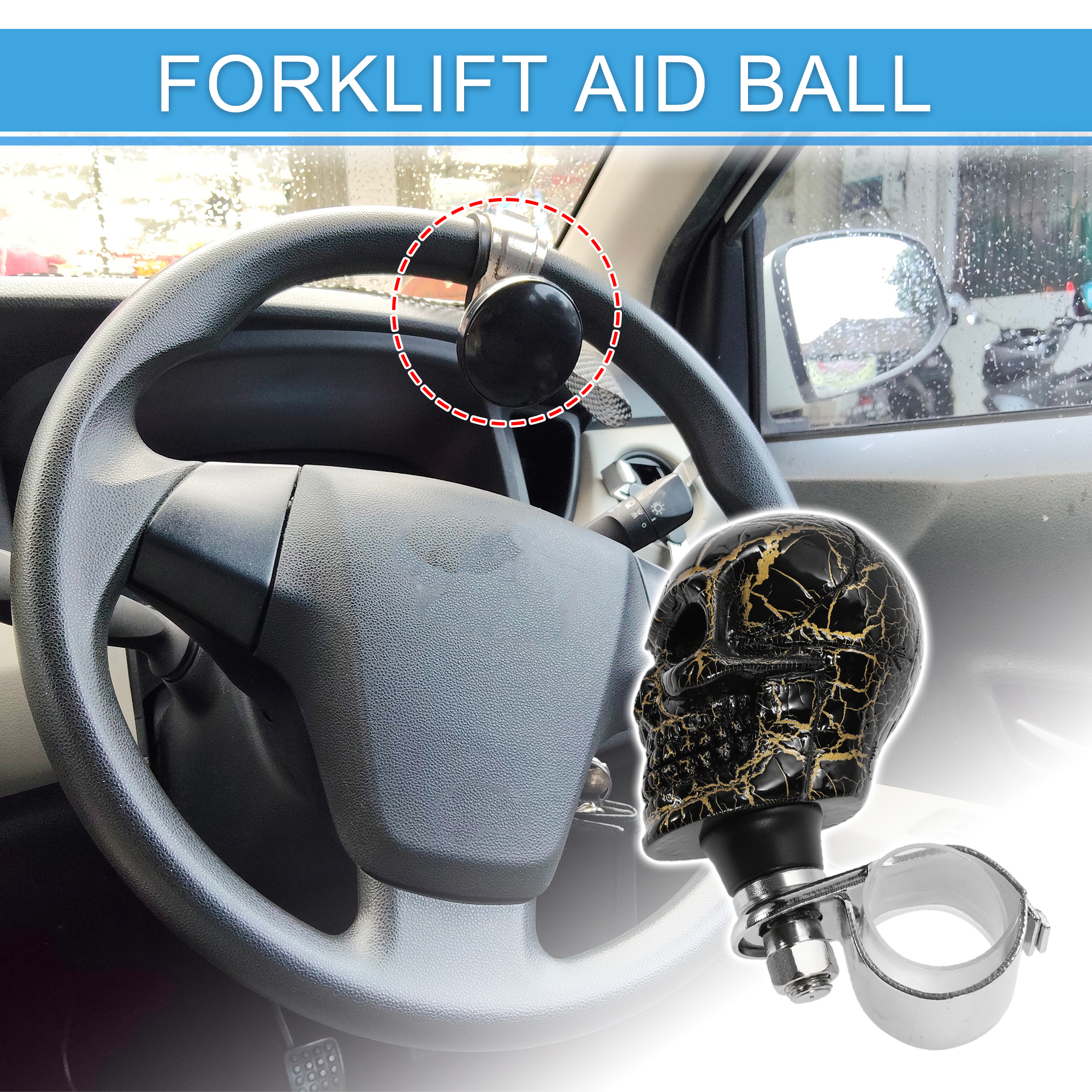 30.5mm Car Steering Wheel knob Small Skull Vehicle Steering Wheel Rotator Ball for SUV Pickup Trucks Semi-Trailers Vans Boats Black Gold Tone 1 Pc
