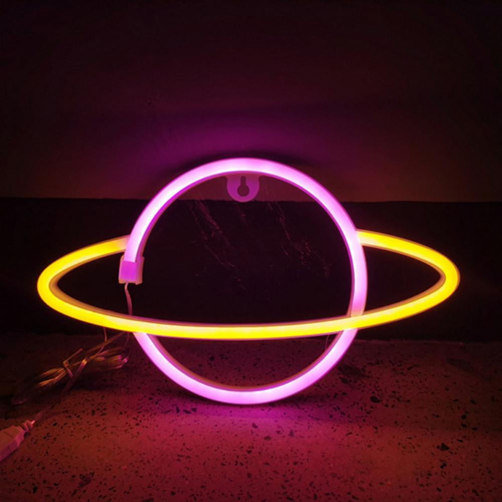 12" X 7" Space Planet Neon Light White/Pink LED Signs Wall Decor Battery or USB 