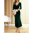 thumbnail image 3 of Womens Elegant Velvet Deep V Neck Wrap Hip Solid Long Sleeve Evening Party Cocktail Prom Gown Long Dress Dark Green S, 3 of 7