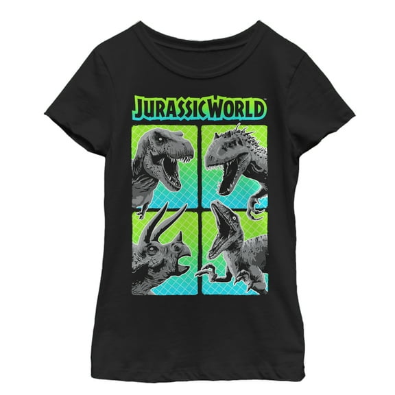 Girl's Jurassic World Dinosaur Panel Battle  Graphic Tee Black X Small
