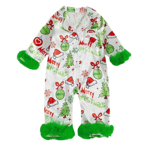 IVEYRTF Toddler Kids Christmas Print Jumpsuit Plush Romper Long Sleeve Fall Winter Bodysuit Outfit for Boys and Girls 1-6 Years(Green,0-3 Months)
