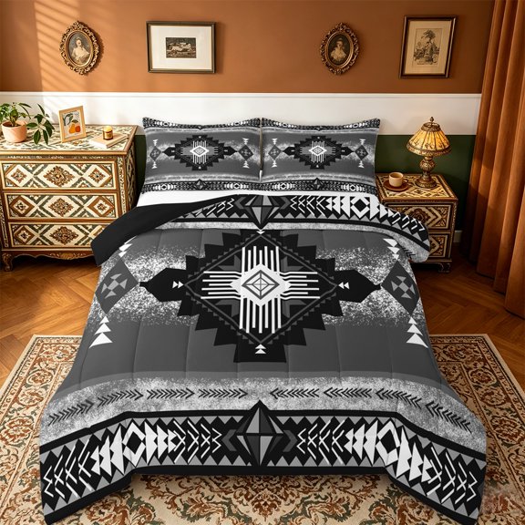 jejeloiu Gray White Geometric Bedding Comforter Set,Boho Exotic Style Twin Comforter Sets,Rustic Aztec Rhombus Bedding Set For Adults,Super Cozy Room Decor Reversible,2pcs