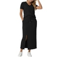 thumbnail image 2 of Lutiedan Womens 2 Piece Long Skirt Sets V Neck Short Sleeve Tops and Side Slit Stretchy Drawstring Skirt Set Summer Casual Vacation Outfits, 2 of 6