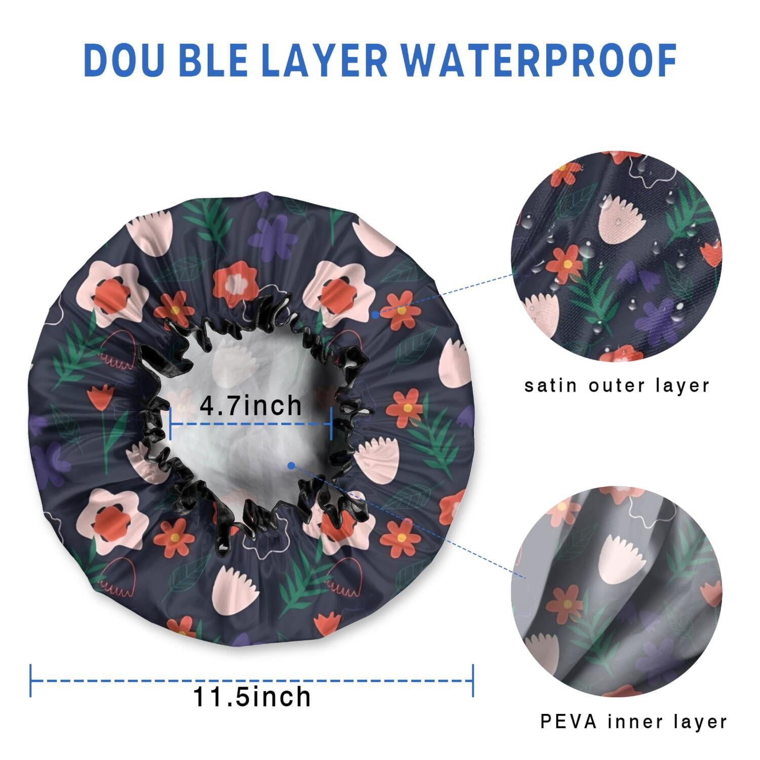 Shower Caps,Pioneer Flower Floral Print Pattern Waterproof Shower Cap for Women 4 Pieces,Double Reusable Hair Cover for Shower PEVA Elastic Stretch Hem