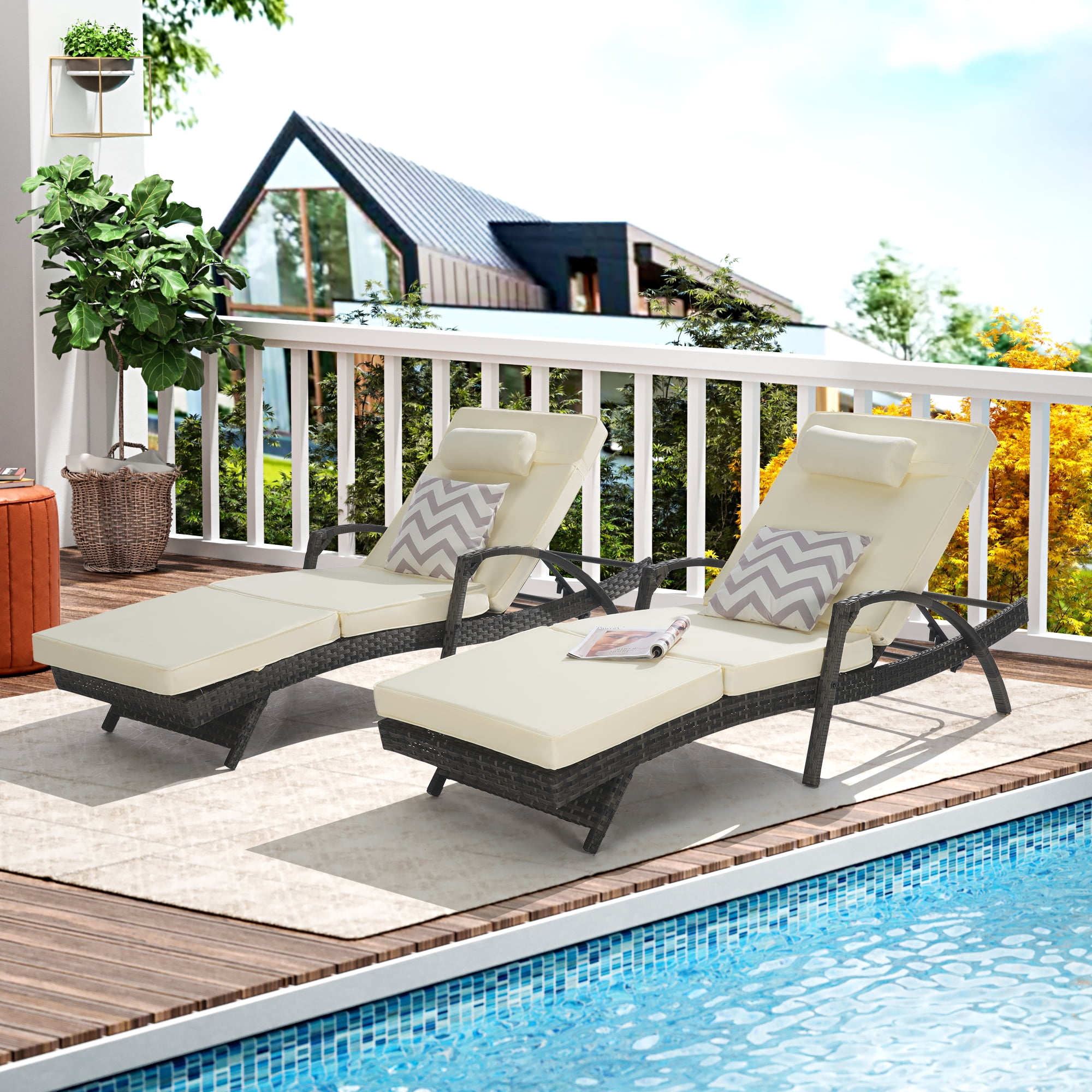 Outdoor Long Reclining Chair Set of 2,Wicker Lounge Chairs with Wicker Lounge Chairs with Cushions and Armrest,Reclining Lounge Chair Lawn Sunbathing Chairs Recliner Adjustable to 150°,Beige