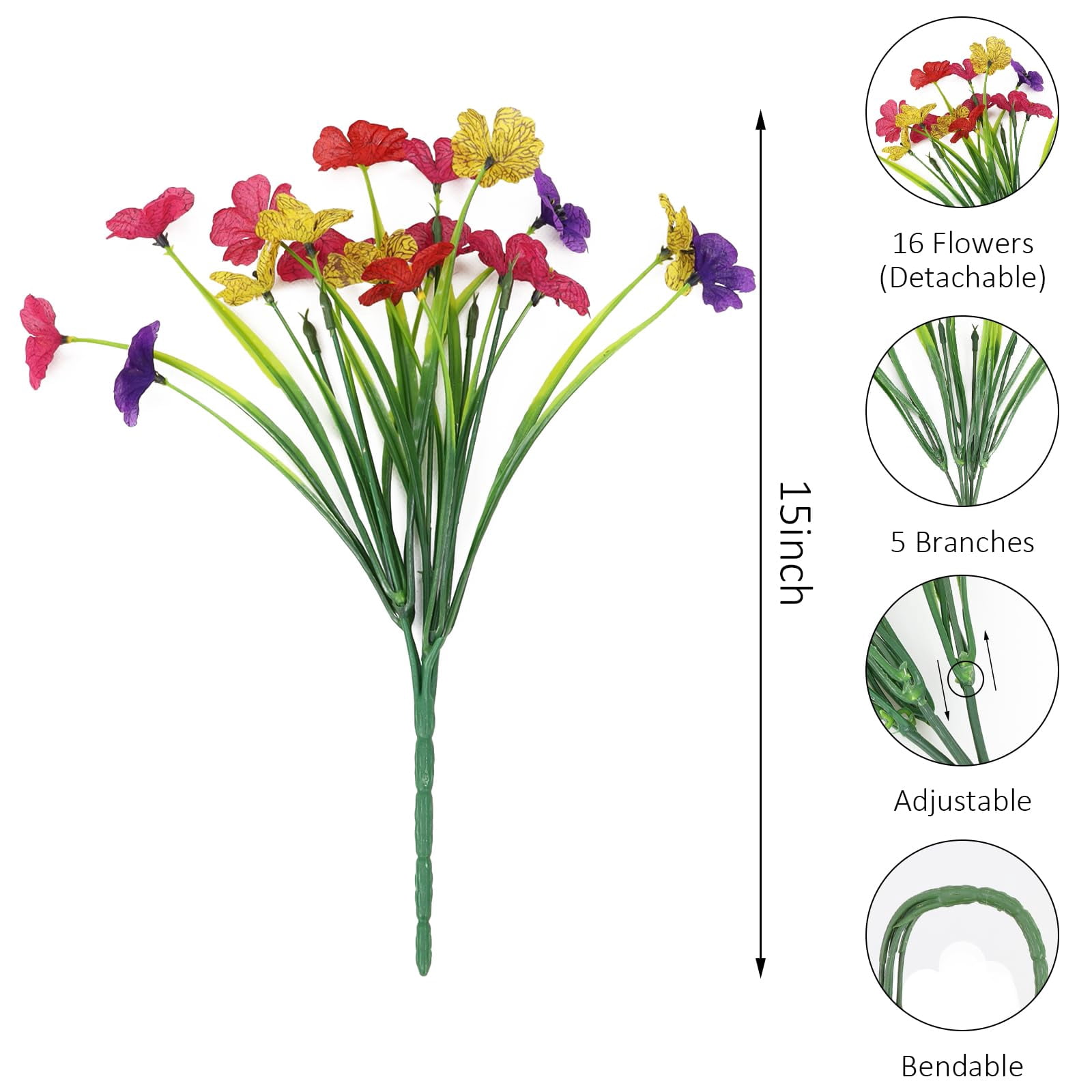 16 Bundles Artificial Flowers for Outdoors UV Resistant Silk Fake Flower Outside for Plants Garden Porch Yard Home Spring Summer Decor (Colorful)