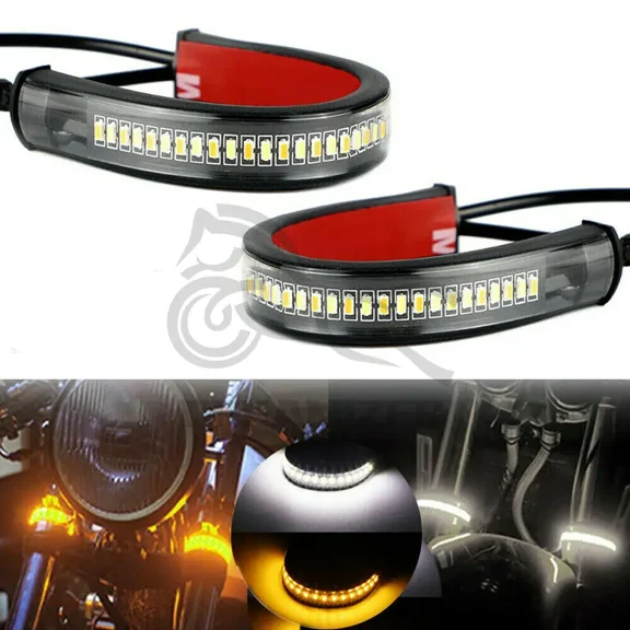 2PC Flexible Switchback Dual-Color White & Amber Motorcycle LED Fork Turn Signal Blinkers DRL Daytime Running Light Waterproof Adjustable Stips Bars kit Universal Fit Motorbike (39mm-70mm)