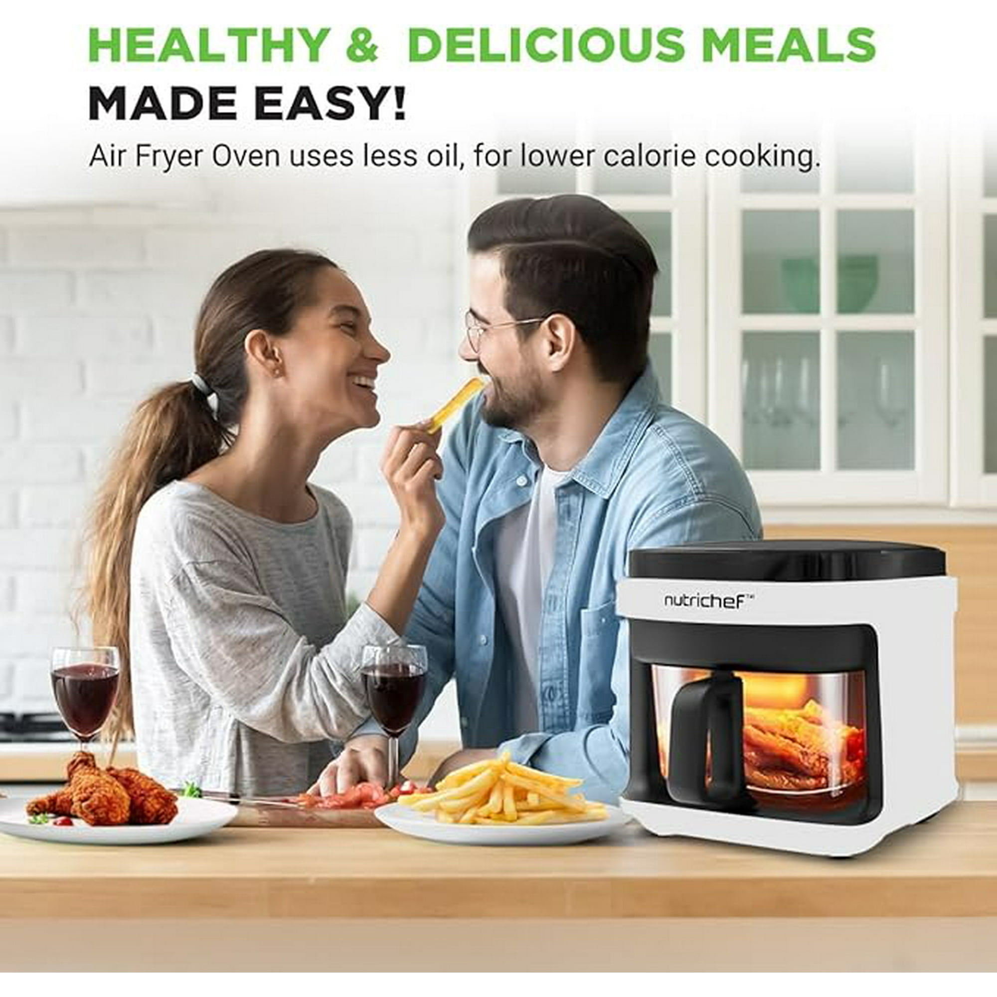 Friteuse à Air NutriChef 4L + Gril - 8 En 1, 1500W, Cuisson Saine Sans Huile, Fenêtre Transparente, Numérique