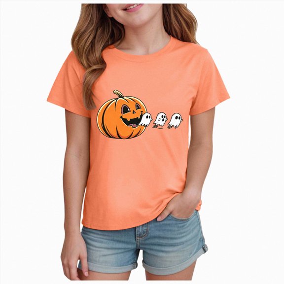 Wonitaaizi Girls Halloween Tshirts Toddler Short Sleeve Monster Truck Boo Ghost Dino Pumpkin Tee Tops Tshirts (7-8 Years,Orange)