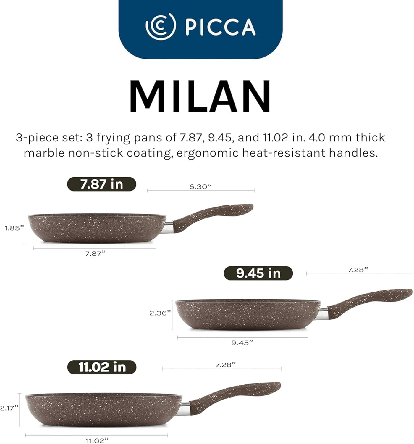Picca Milan 3-Piece Large Cooking Pan Set - Easy Clean Marble Non Stick Frying Pan Set with Mineral Based Coating - No PFAS/PFOS/PFOA - Brown - 7.8in, 9.4in, 11in