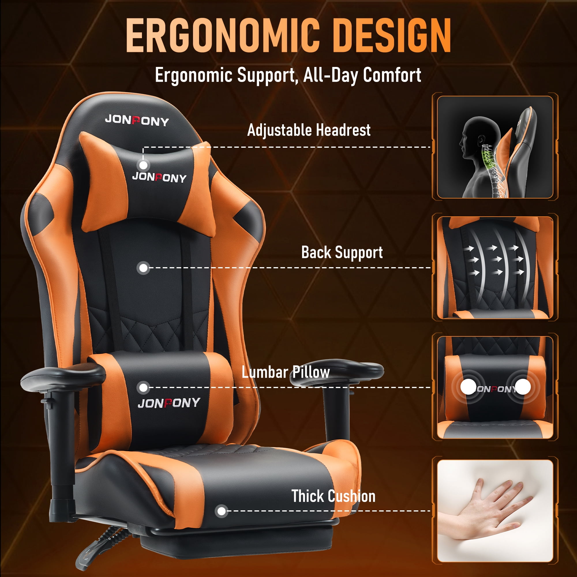 JONPONY Big and Tall 500LBS Gaming Chair, Ergonomic Design with 2D Armrests,PU Leather with Footrest and Lumbar Support, High Back Office Chair Support 8 Hours Long Sitting, Computer Chair,Orange
