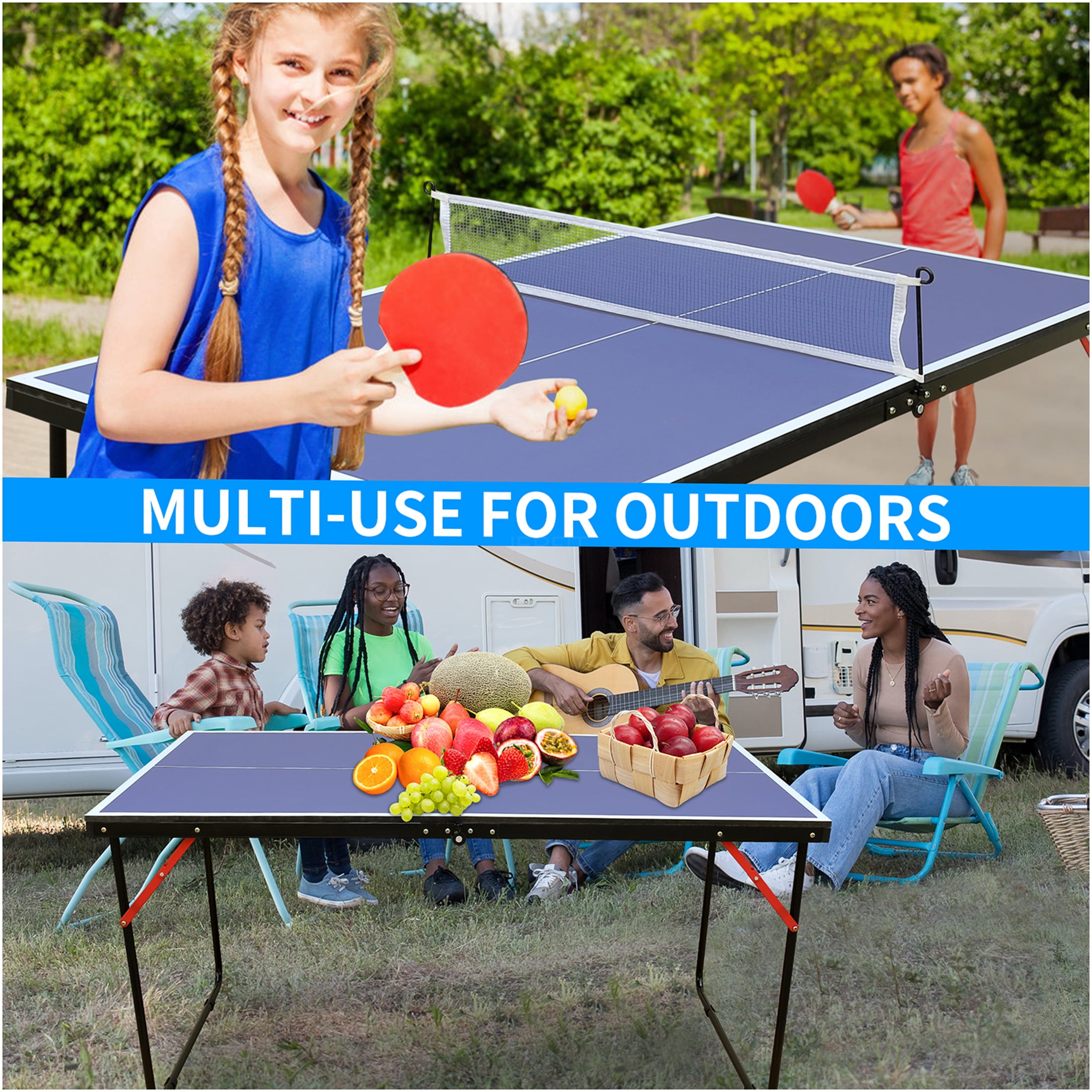JERFIT 4.5ft Foldable Ping Pong Table Set with Net & Paddles, MDF Top for Indoor Outdoor Games, Blue