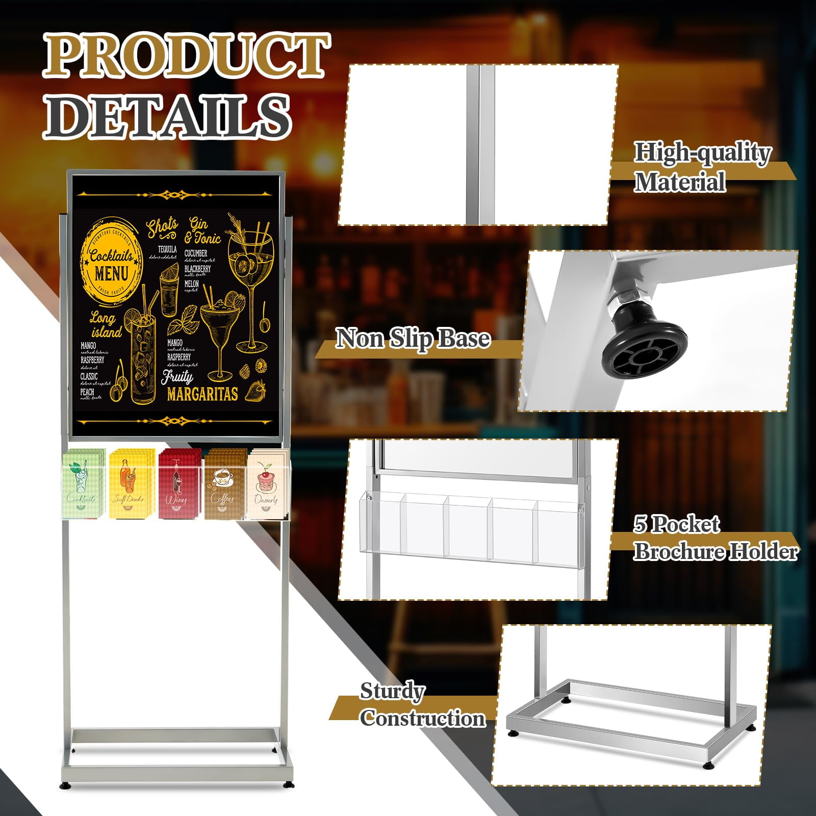 Zonon Metal Floor Poster Stand With Brochure Holder | 22x28" Sign Holder, 5-Pocket Display, Silver