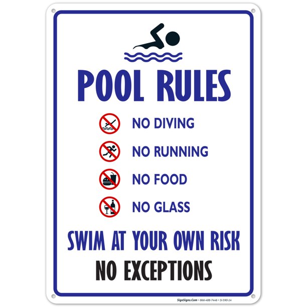 Pool Rules Sign, No Diving No Running No Food No Glass, 10x14 Aluminum