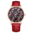 thumbnail image 1 of LVPAI Reloj de pulsera con correa de cuero de cuarzo con patrón de rosas coloridas para mujer de moda simple (rojo), 1 of 1