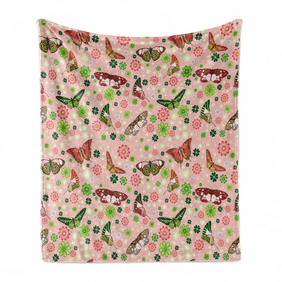 Nature Soft Flannel Fleece Throw Blanket, Butterflies Flowers Shamrocks Vibrant Botanical Inspirational Print, Cozy Plush for Indoor and Outdoor Use, 70" x 90", Lime Green Pale Pink, by Ambesonne