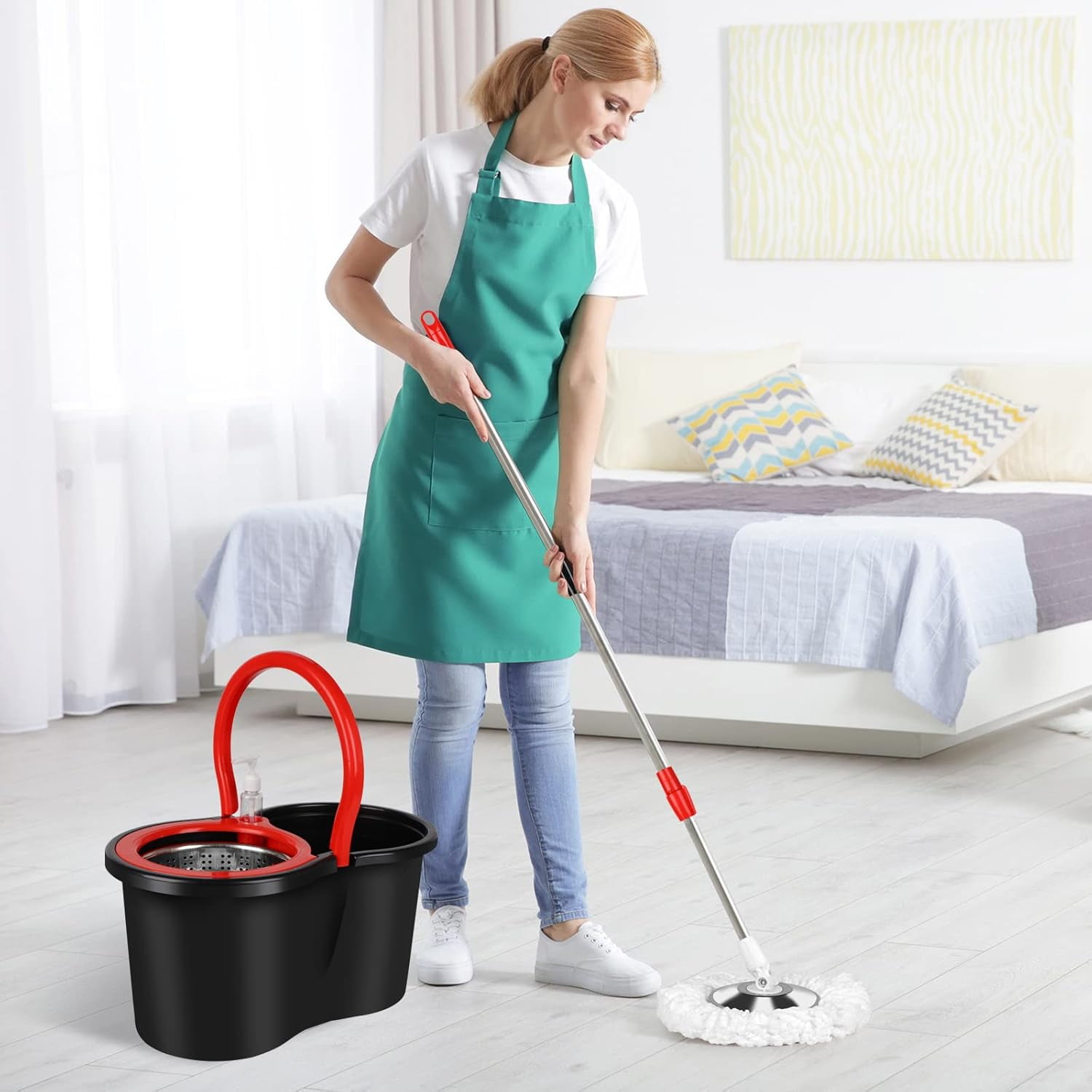 Spin Mop and Bucket with Wringer Set, 360 Spinning Mop Bucket System with 3 Microfiber Mop Replacement Heads and 61" Stainless Steel Adjustable Handle for Floor Cleaning (20QT)